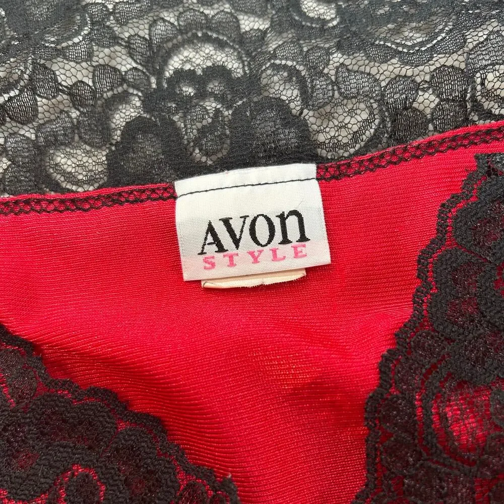 Vintage 90s Avon Red Satin Slip Dress Black Lace Mini Small - Picture 6 of 6